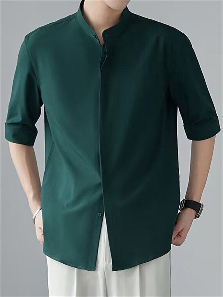 Men's Casual Cool Solid Color Stand Collar Half Sleeve Shirt