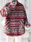 Retro Loose Stripe Long Sleeve Woolen Pockets Jacket for Men