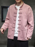 Men's Unique Hanzi Embroidery Knot Button Faux Suede Jacket