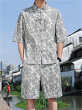 Men's Summer Chinese Zen Style Stand Collar Short Sleeve Suit Set with Leaves Print
