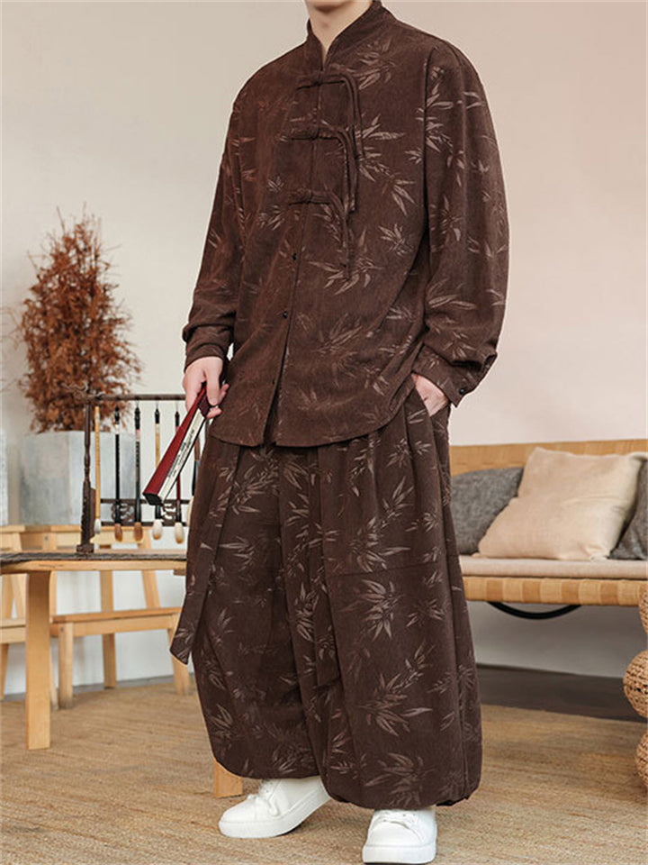 Oriental Corduroy Button Leaf Pattern Jacket  and Loose Drawstring Pants Set for Men
