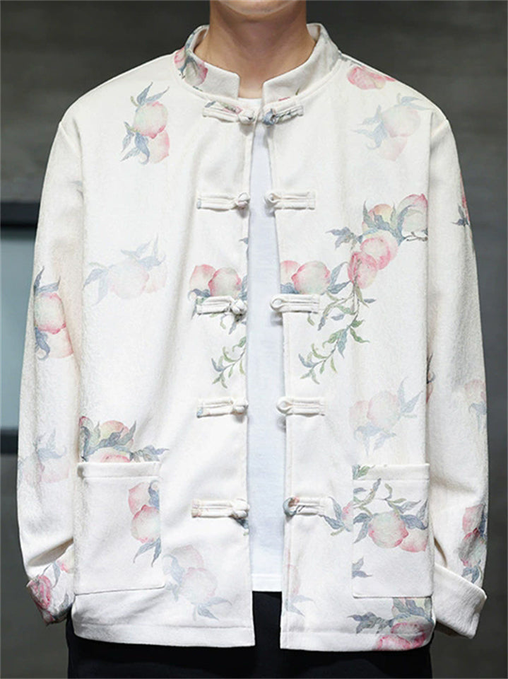 Men's Autumn Peaches Print Stand Collar Tangsuit Cardigan Jackets