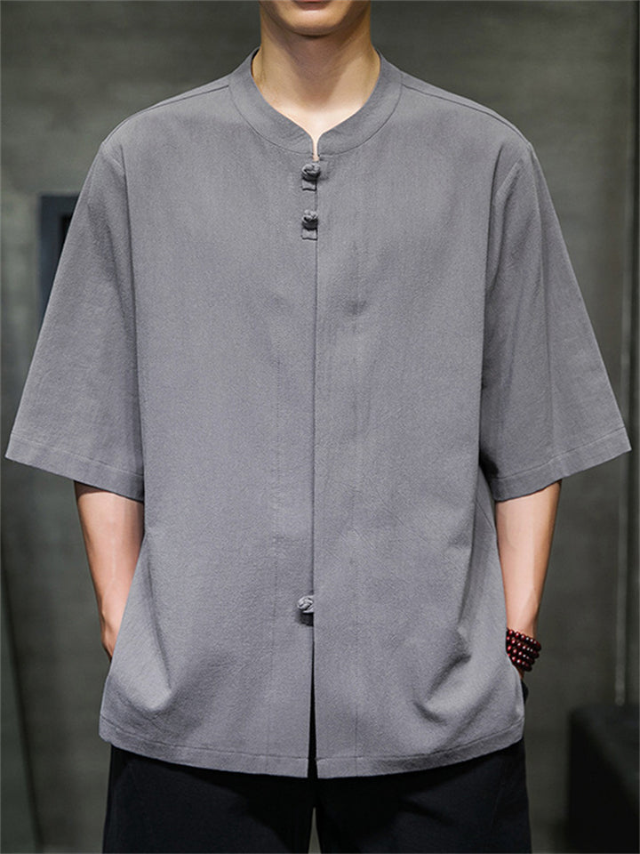 Summer Men's Linen Solid Color Half Sleeve Shirts