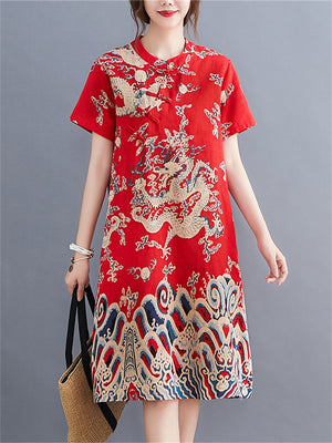 Women's Retro Dragon Print Chinese Style Knot Button Qipao