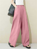 Casual Solid Color Elastic Waist Wide Leg Pants for Women