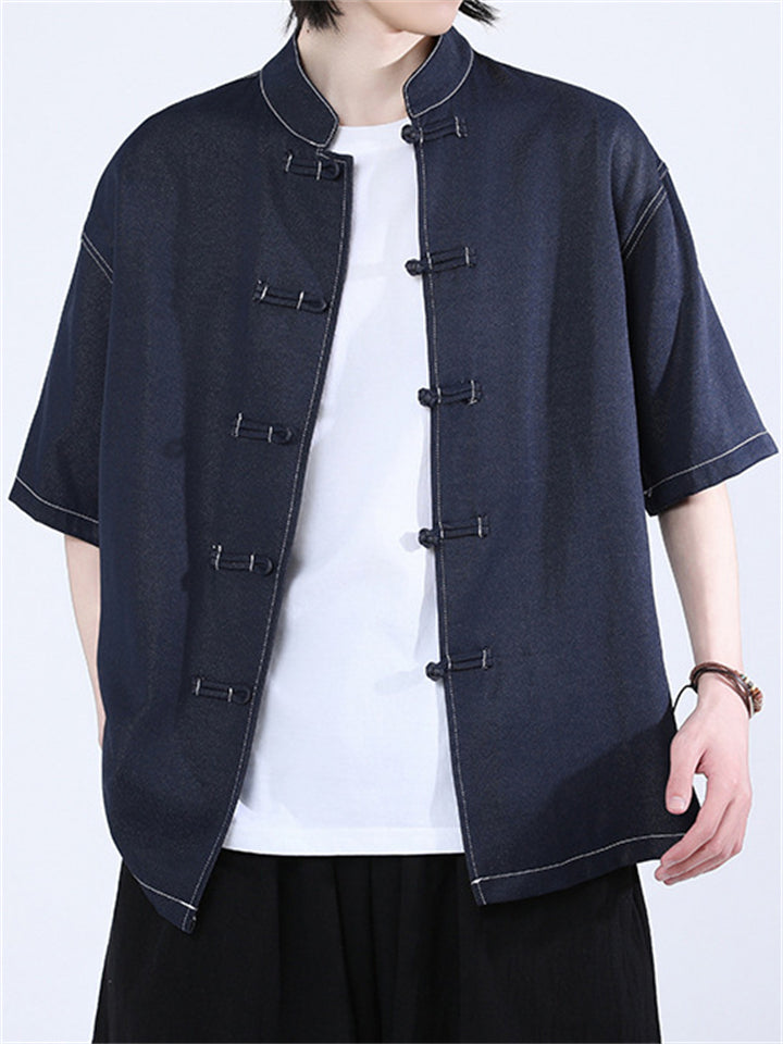 Oriental Style Casual Solid Color Short Sleeve Stand Collar Shirts for Men