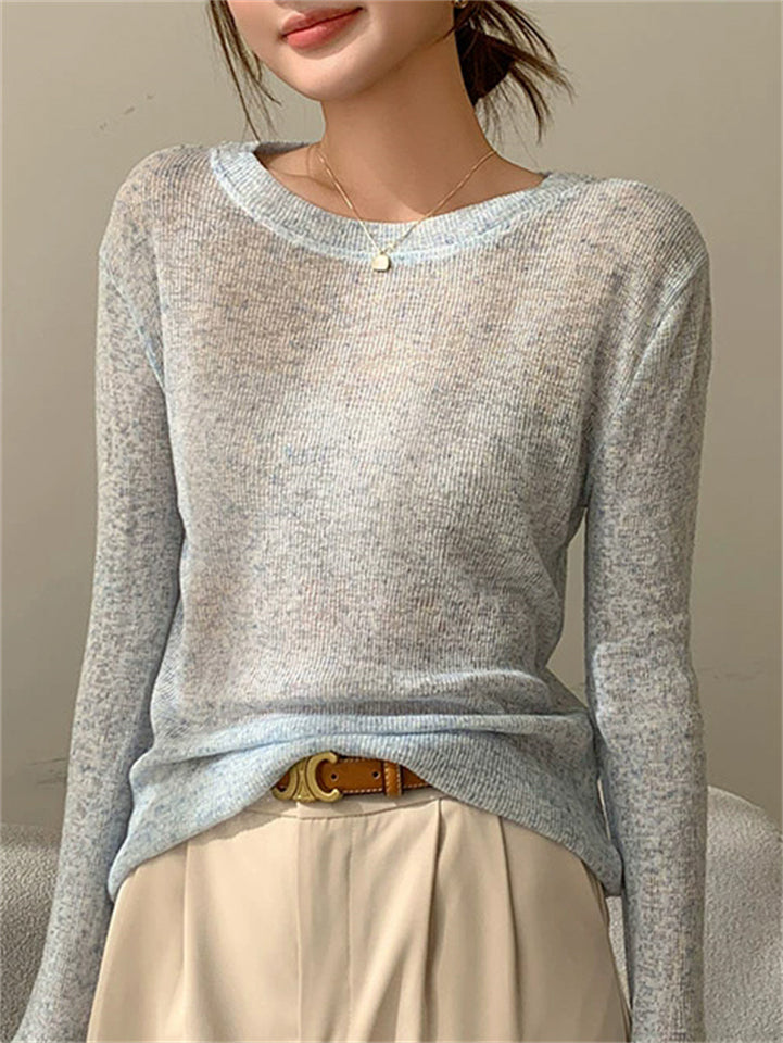 Women's Loose Comfy Hollow Solid Color Round Neck Long Sleeve Shirts