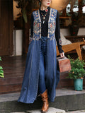 Women's V-neck Sleeveless Floral Embroidery Denim Split Tank Dress