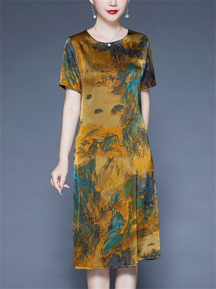 Summer Casual O-neck Landscape Print A-Line Dress for Women