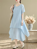 Women's Casual Solid Color Round Neck Double-layer Big Hem Midi Dress