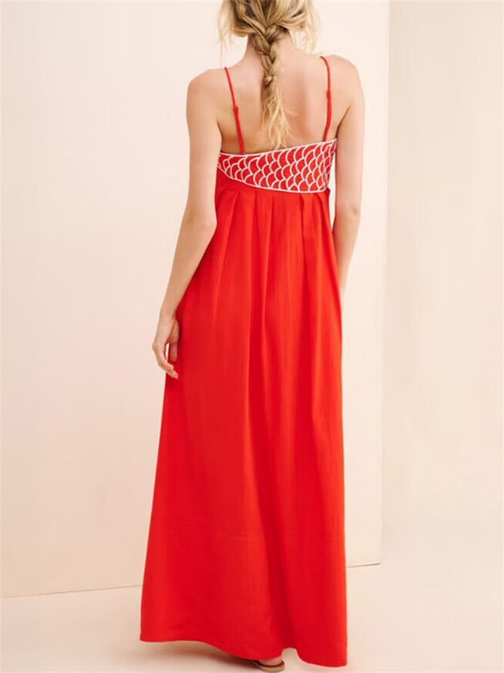 Women's Summer Red 3D Fish Embroidery Loose Strap Dress