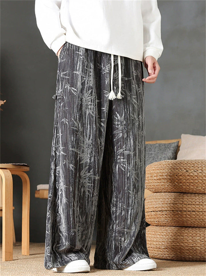 Men's Vintage Casual Bamboo Print Corduroy Drawstring Wide Leg Pants