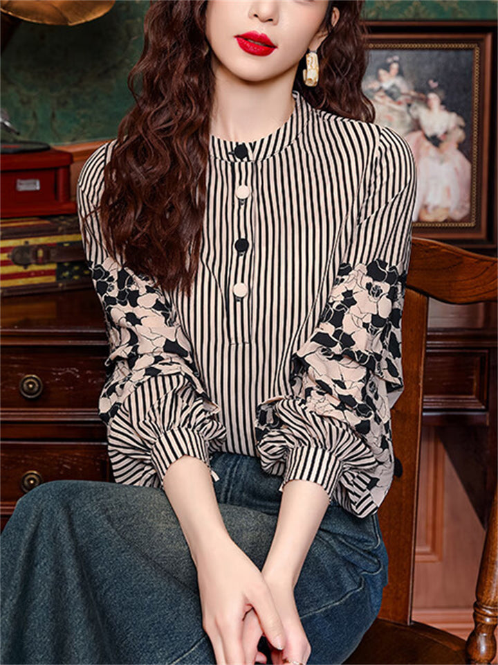 Women's O-Neck Black White Stripe Patchwork Long Sleeve Shirt