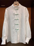 Chinese Style White Jacquard Lantern Sleeve Shirt for Women