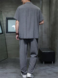 Men's 2Pcs Summer Zen Style Stand Collar Short Sleeve Solid Color Outfits