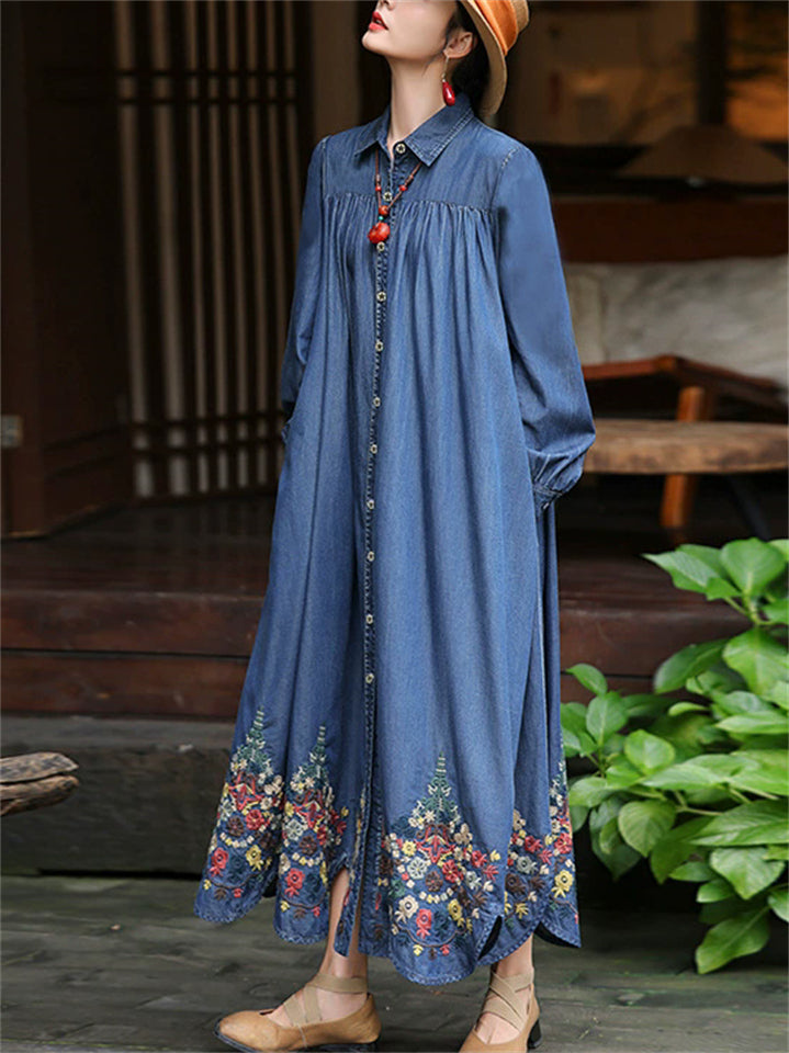 Embroidered Cotton Button Polo Collar Loose Denim Dresses for Women