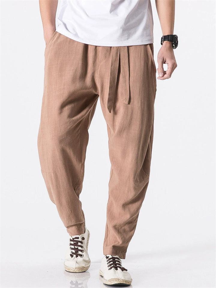 Men Cotton Linen Drawstring Elastic Waist Tapered Harem Pants