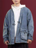 Men's Solid Color Long Sleeve Collarless Cardigan Denim Jacket