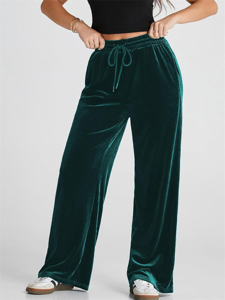 Women's Solid Color Velvet Drape Wide Leg Drawstring Pants