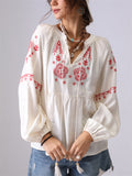 Women's French Style Embroidery V Neck Puffed Sleeve Shirt