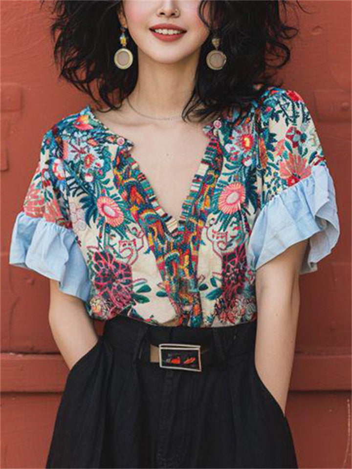 Summer Floral Print V-Neck Ruffled Sleeve Shirt for Women