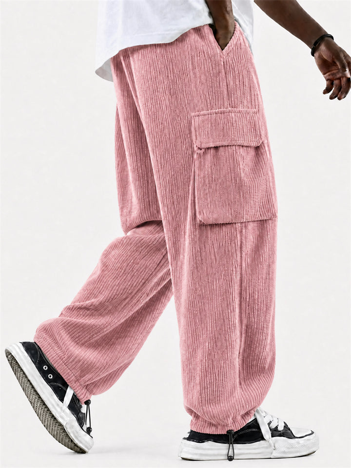 Mens Corduroy Cargo Pants with Multi Pockets and Drawstring Hem