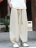 Mens Japanese Style Cotton Linen Loose Fit Drawstring Wide Leg Pants