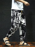 Men's Cotton Linen Print Drawstring Jogger Pants
