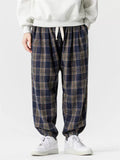 Japanese Style Autumn Plaid Drawstring Loose Jogger Pants for Men