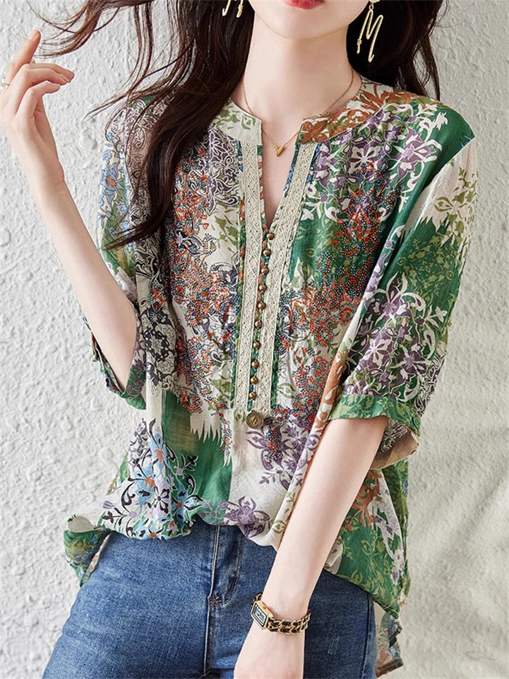 Loose Summer Floral Print V-Neck Patchwork Shirt For Women