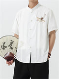 Chinese Style Men's Crane Embroidery Stand Collar Half Sleeve Shirts