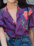 Summer Purple Floral Print V-Neck Puffed Sleeve Shirt for Women