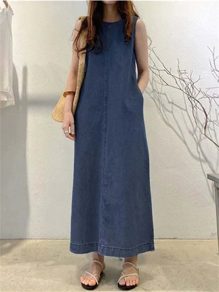 Women's Sleeveless O-neck Denim Dress