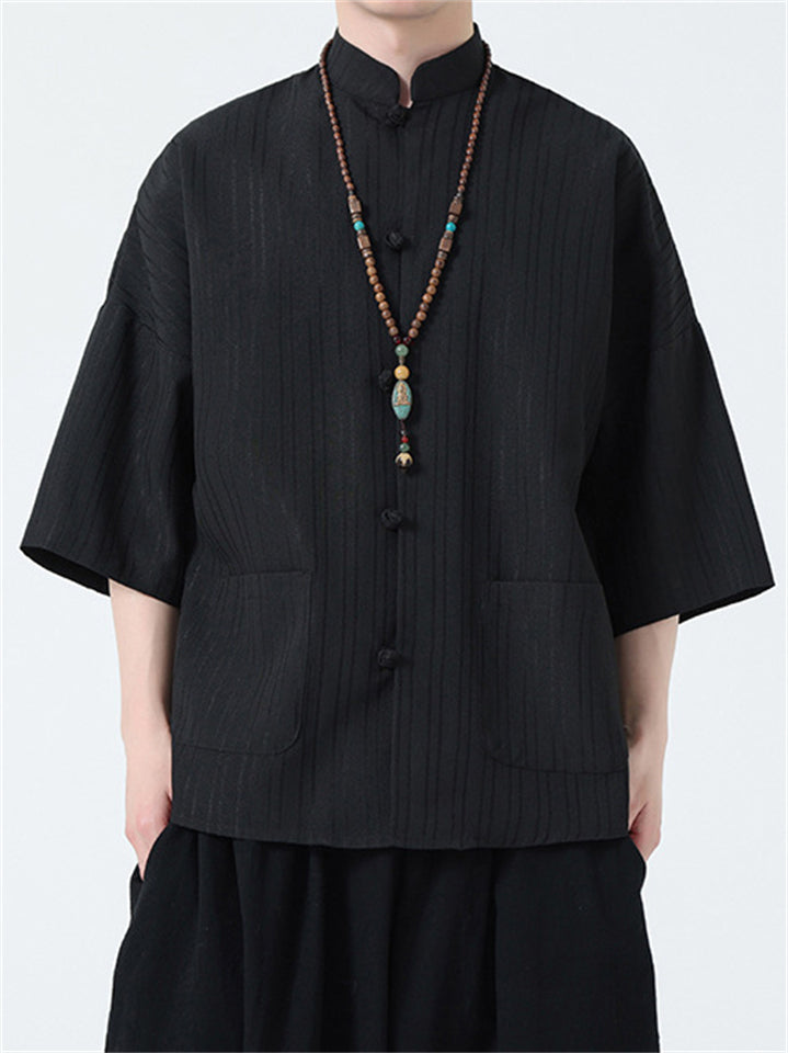 Men's Summer Retro Solid Color Stripe Loose Short Sleeve Shirts