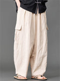 Mens Summer Linen Blend Loose Wide Leg Cargo Pants with Pockets