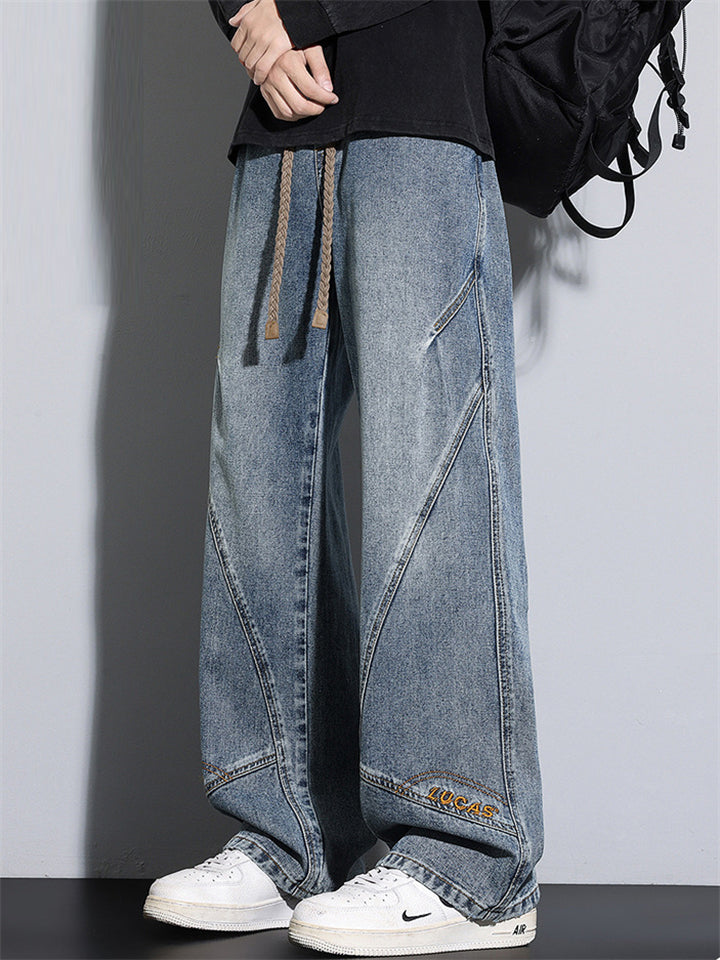 Men Wide Leg Drawstring Baggy Jeans Vintage Washed Streetwear Denim
