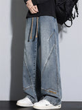 Men Wide Leg Drawstring Baggy Jeans Vintage Washed Streetwear Denim