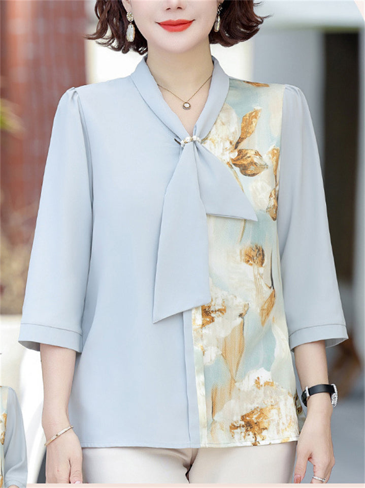 Elegant Flower Print Tie-Neck 3/4 Sleeve Top for Women