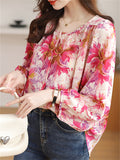 Korean Style Floral Print Round Neck Puff Sleeve Shirt for Women