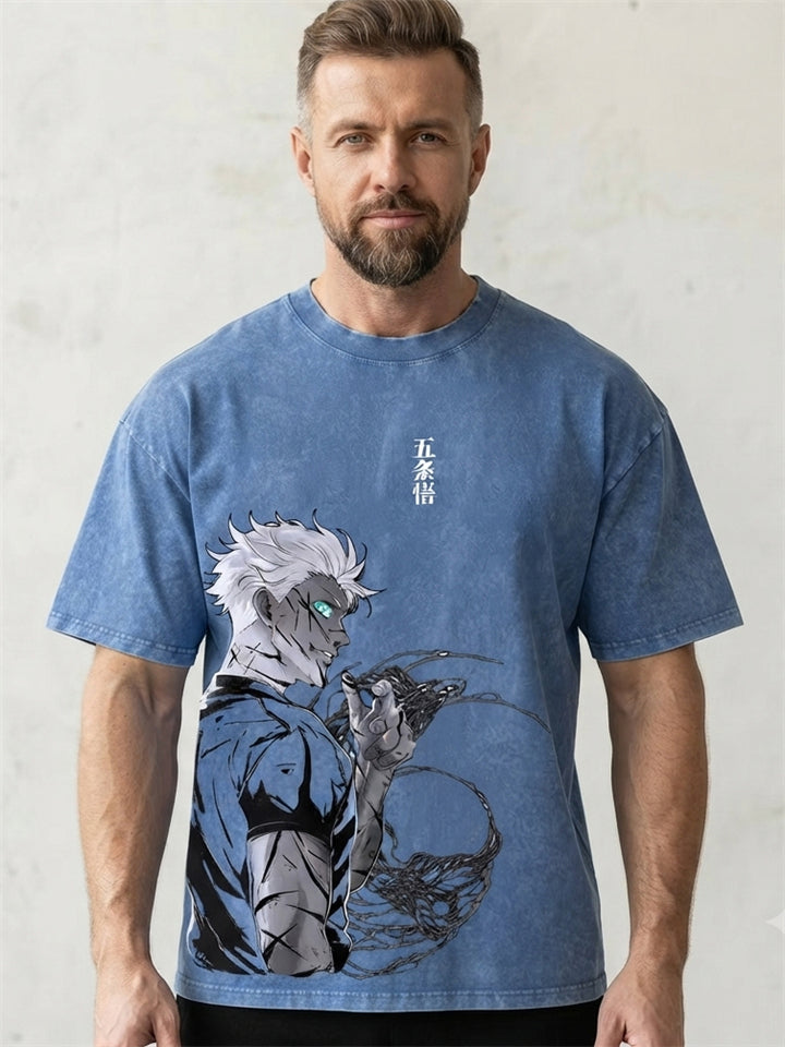 Mens Vintage Washed Anime Graphic Print Oversized T Shirt