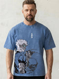 Mens Vintage Washed Anime Graphic Print Oversized T Shirt