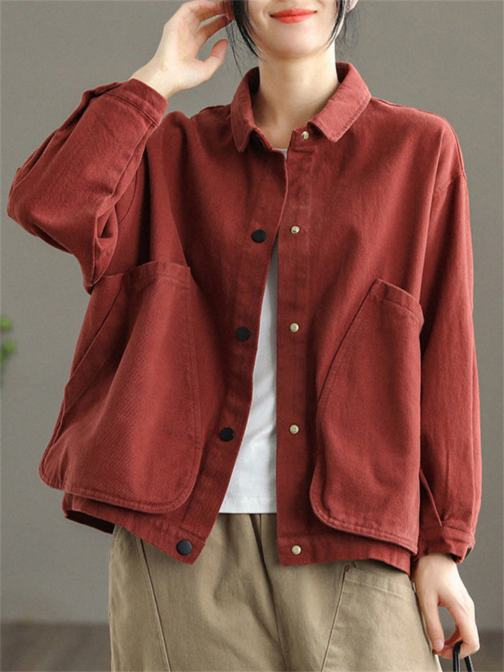 Korean Style Long Sleeve Women Cotton Lapel Pockets Jacket