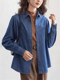 Dark Blue Vintage Autumn Temperament Denim Shirt for Women