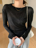 Women's Loose Comfy Hollow Solid Color Round Neck Long Sleeve Shirts