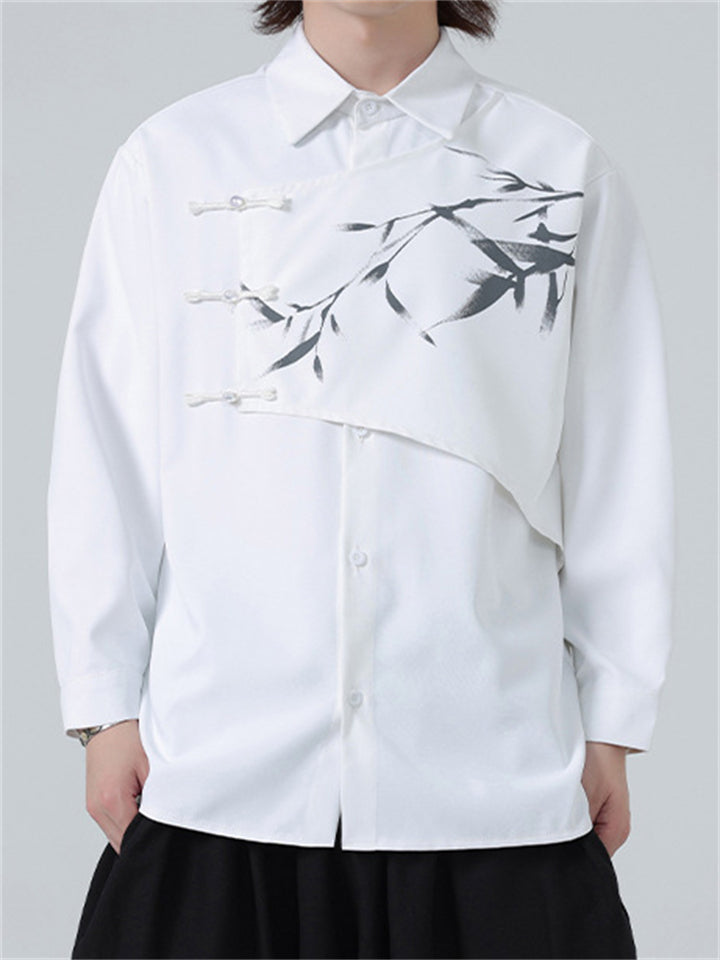 Mens Vintage Chinese Style Ink Bamboo Print Patchwork Button Shirts