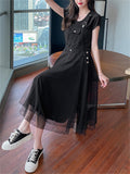 Square Neck Tulle Patchwork Strap Denim Overall Dress For women
