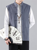 Men's Stand Collar Knot Button Patch Pocket Plain Linen Vest