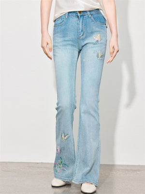 Women's Blue Embroidery High-rise Bootcut Jeans