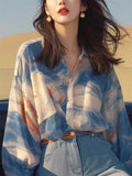 Korean Style Blue Summer Button Up Lapel Shirt for Women