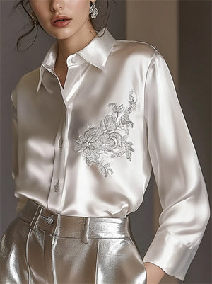 Elegant White Satin Blouse with Plant Embroidery For Women